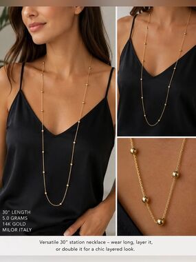 Milor Italy 14K Gold Station Necklace 30" Long Beaded Chain 5g